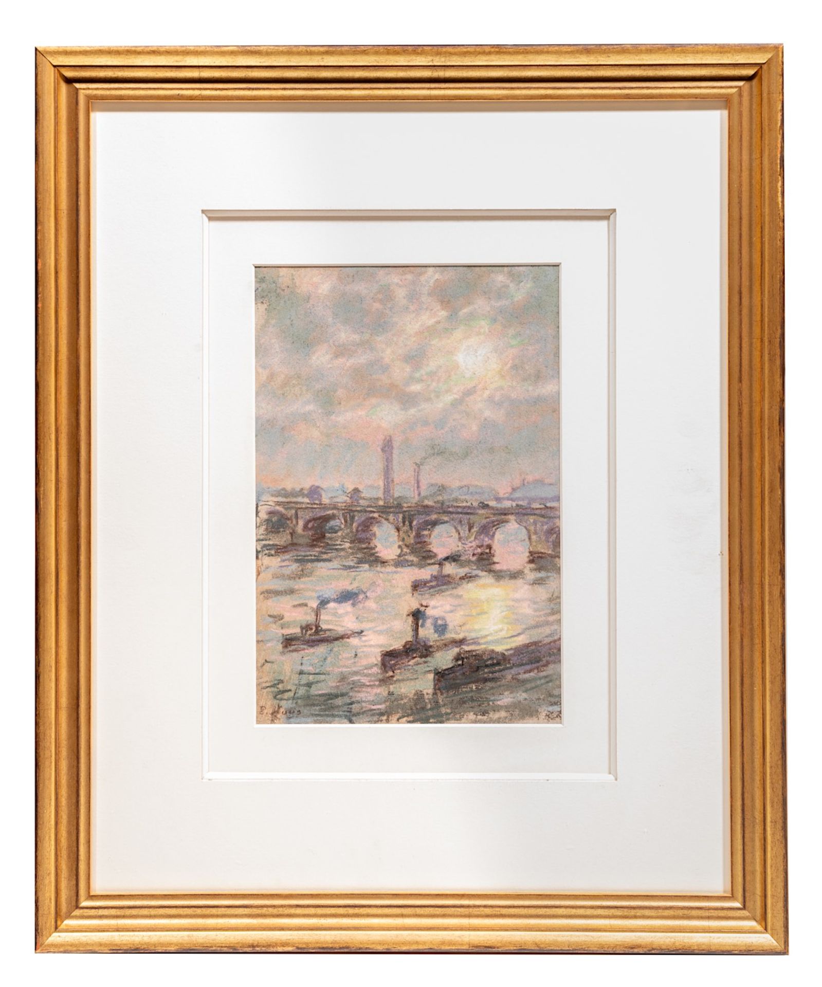 Emile Claus (1849-1924), view of the Thames, London, pastel and charcoal drawing 28 x 19 cm. (11.0 x - Image 2 of 3