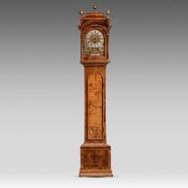 A large English burr wood longcase clock, signed 'Claudius Duchene, London Fecit', early 18thC, H 27