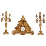 A Napoleon III gilt bronze three-piece mantle clock, with on top Lady Justice, late 19thC, H 51,5 -