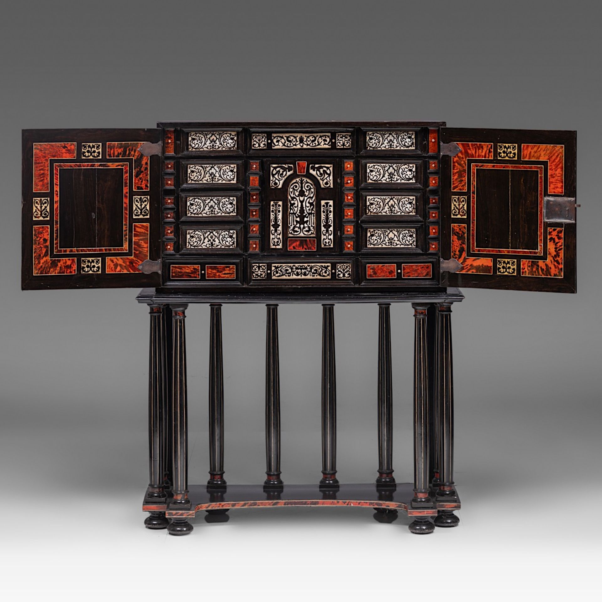 A 17thC Flemish Antwerp ebony, ivory and tortoiseshell cabinet-on-stand, H 137 cm (total) (+) - Image 2 of 9