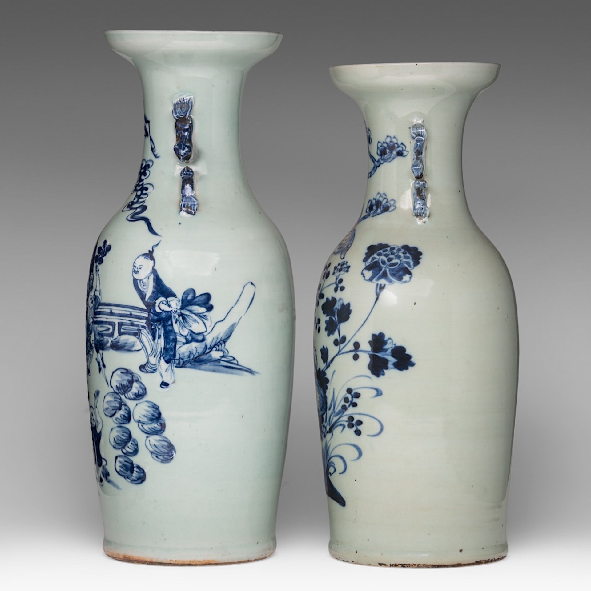 Four Chinese blue and white on celadon ground vases, including one decorated with figures, 19thC, H - Image 3 of 13