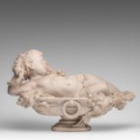 A fine Carrara marble sculpture of a putto bathing in grapes, H 39 - W 62 cm