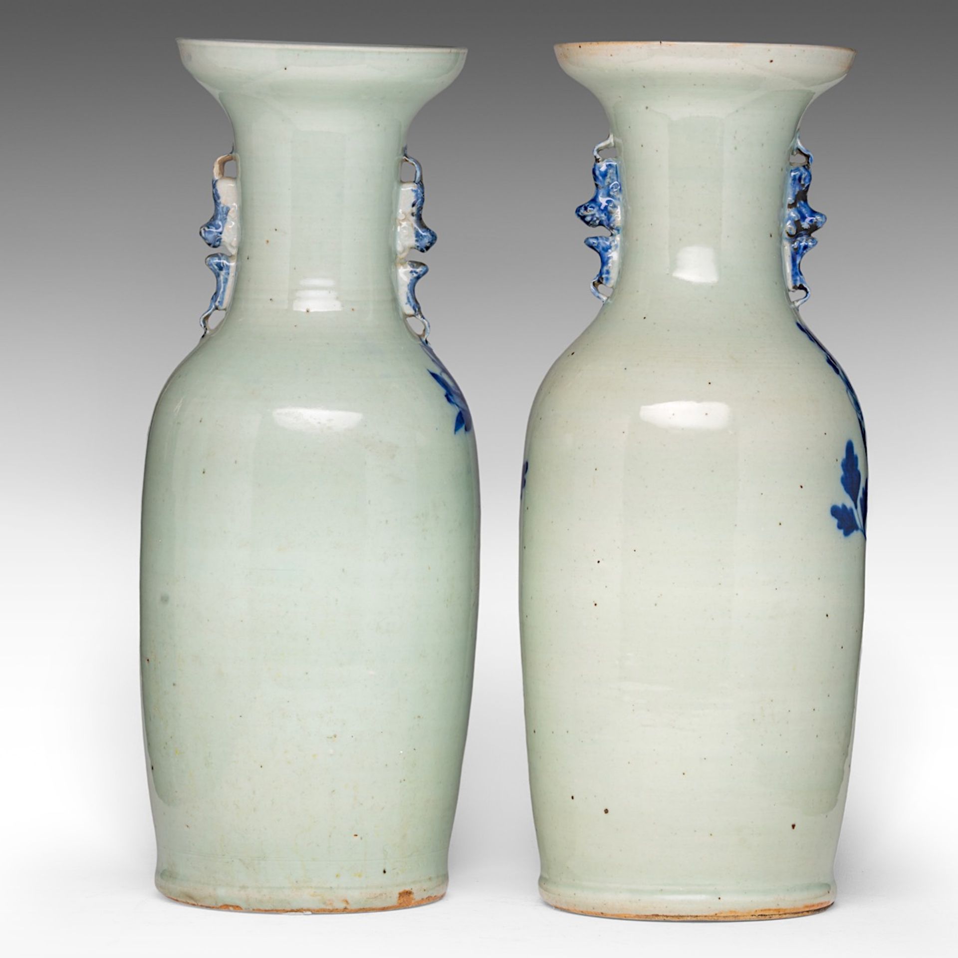 Four Chinese blue and white on celadon ground 'Flowers and birds' vases, late 19thC, H 57 - 58 cm - Image 4 of 13