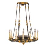 An exceptional Empire twelve-armed gilt and patinated bronze chandelier, ca. 1810, H 75 - dia 95 cm