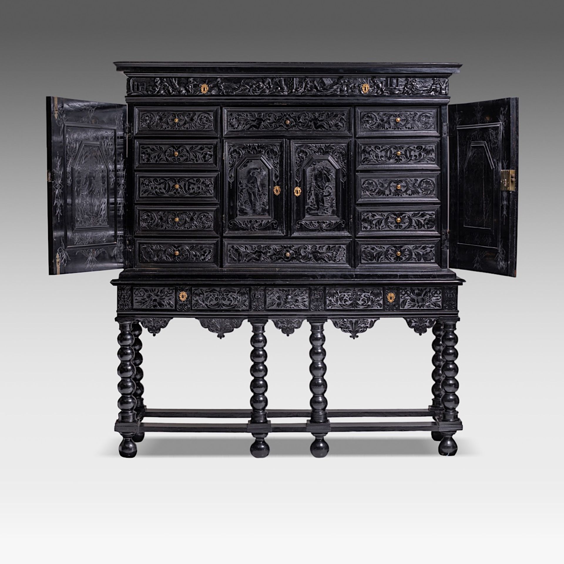PREMIUM LOT - An exceptional 17thC French ebony and ebonised cabinet-on-stand, H 181,5 - W 163 - D 5 - Bild 2 aus 14