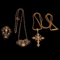 A so-called 18ct gold 'Flemish cross' and two other typical ditto Flemish jewels