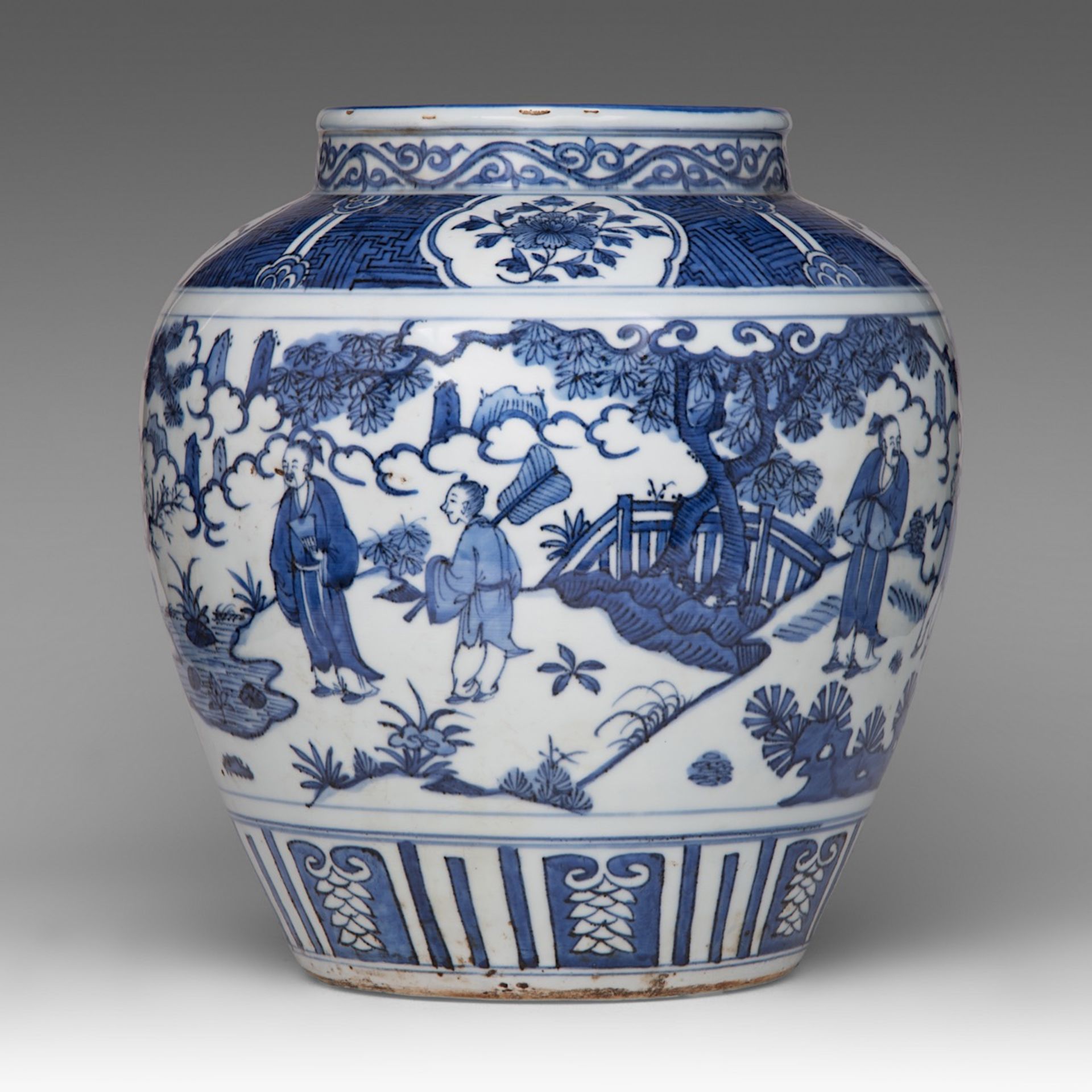 A Chinese blue and white 'Figures in a garden' jar, H 35 cm