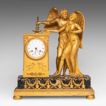 A fine Empire ormolu and vert de mer marble mantle clock of Amor & Psyche, signed 'Michelez a Paris'