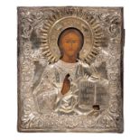 Russian Icon, Christus Pantokrator, tempera on wood inside a silver plated Reza, late 19thC, 31x25cm