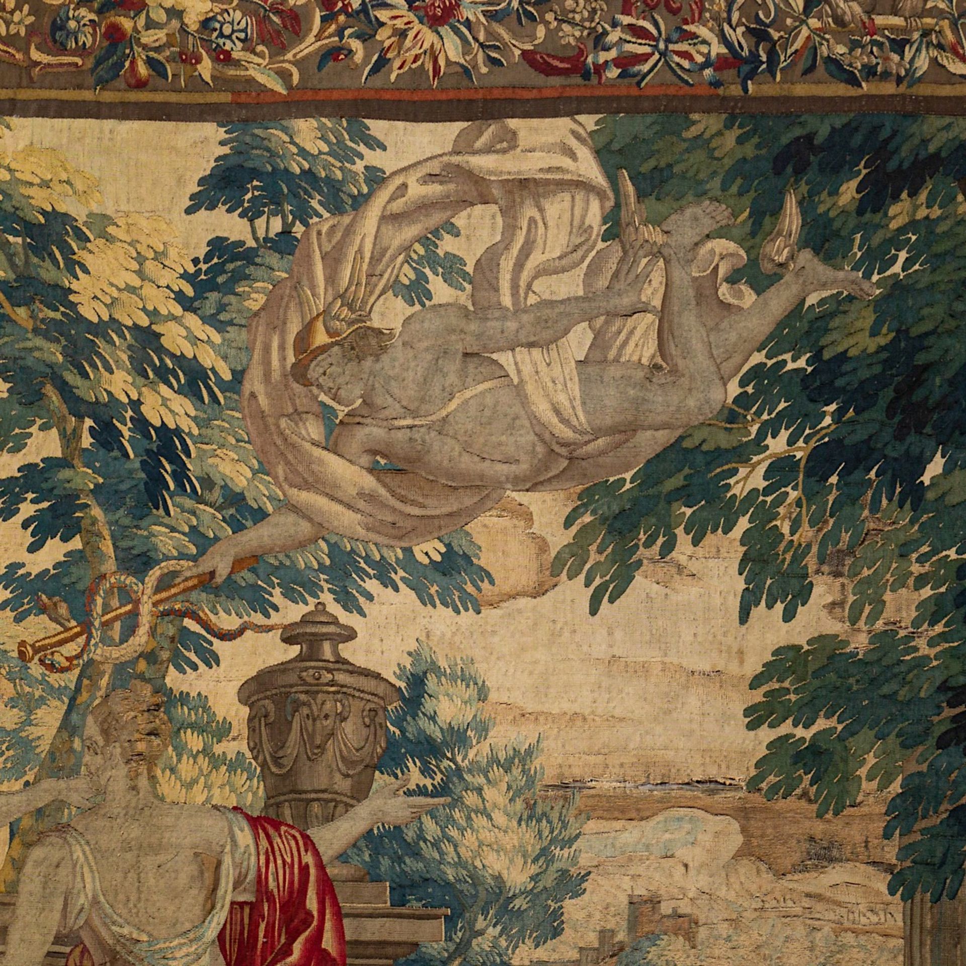 A 17th/18thC Flemish wall tapestry, 'The love of Mercury and Herse', H 239 - W 455 cm - Image 4 of 10