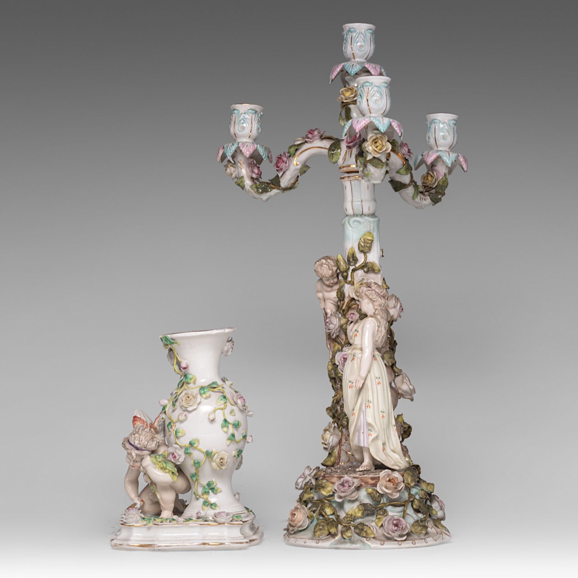 A collection of polychrome decorated Saxon porcelain figurines and a candelabra, H 51,5 cm (tallest) - Bild 3 aus 13