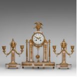 A Louis XVI style Carrara marble and gilt bronze three-piece mantle clock set, H 28 - 43 cm