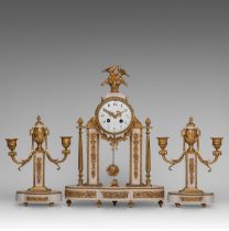 A Louis XVI style Carrara marble and gilt bronze three-piece mantle clock set, H 28 - 43 cm