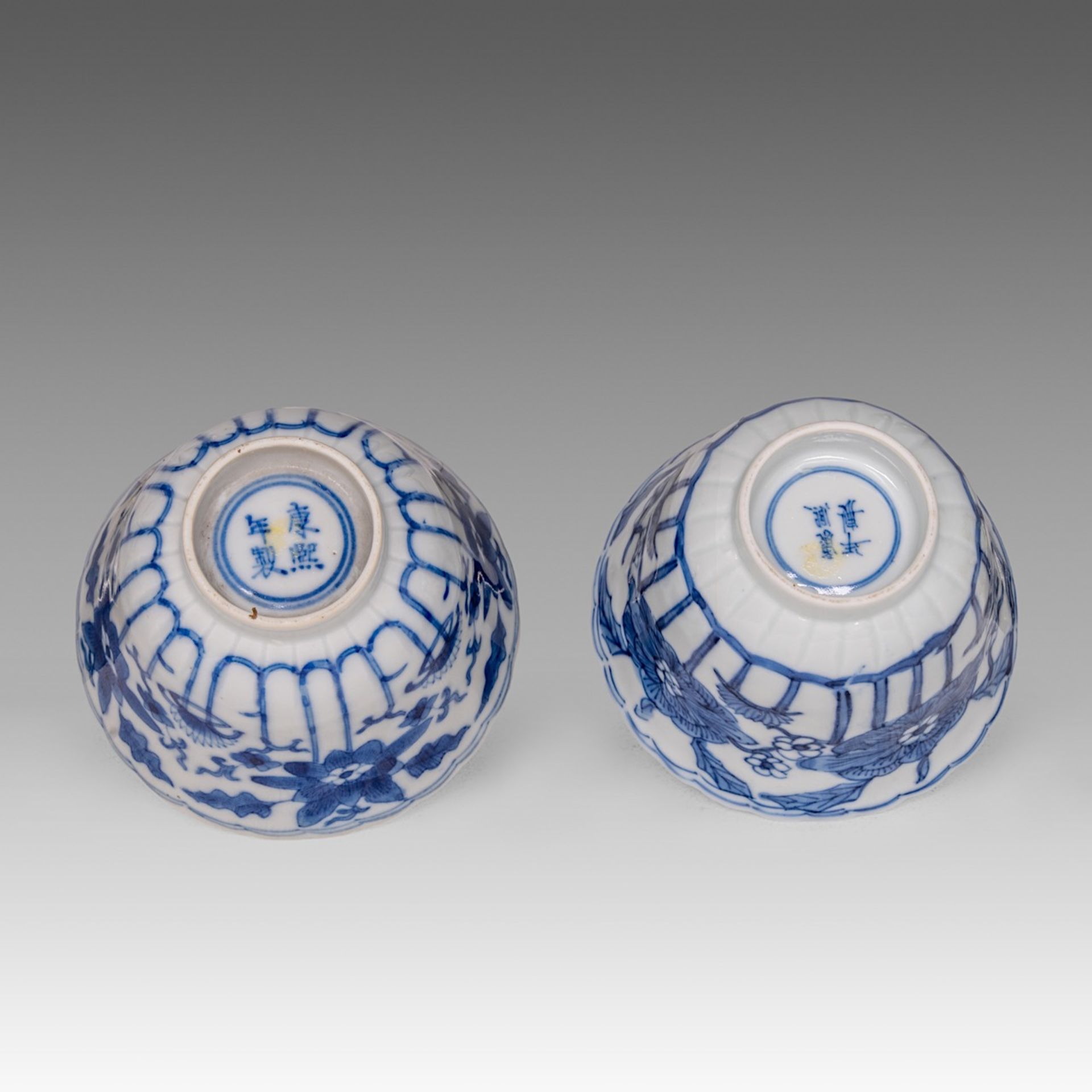 Six matching sets of Chinese blue and white floral decorated tea cups and saucers, Kangxi period, di - Image 11 of 17