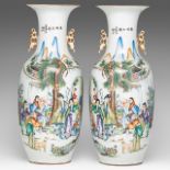A pair of Chinese famille rose both-side decorated vases, paired with lingzhi handles, with signed t