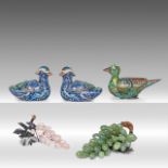 A collection of three Chinese cloisonne bronze ducks, 20thC, tallest H 11,5 - L 21 cm - added two vi