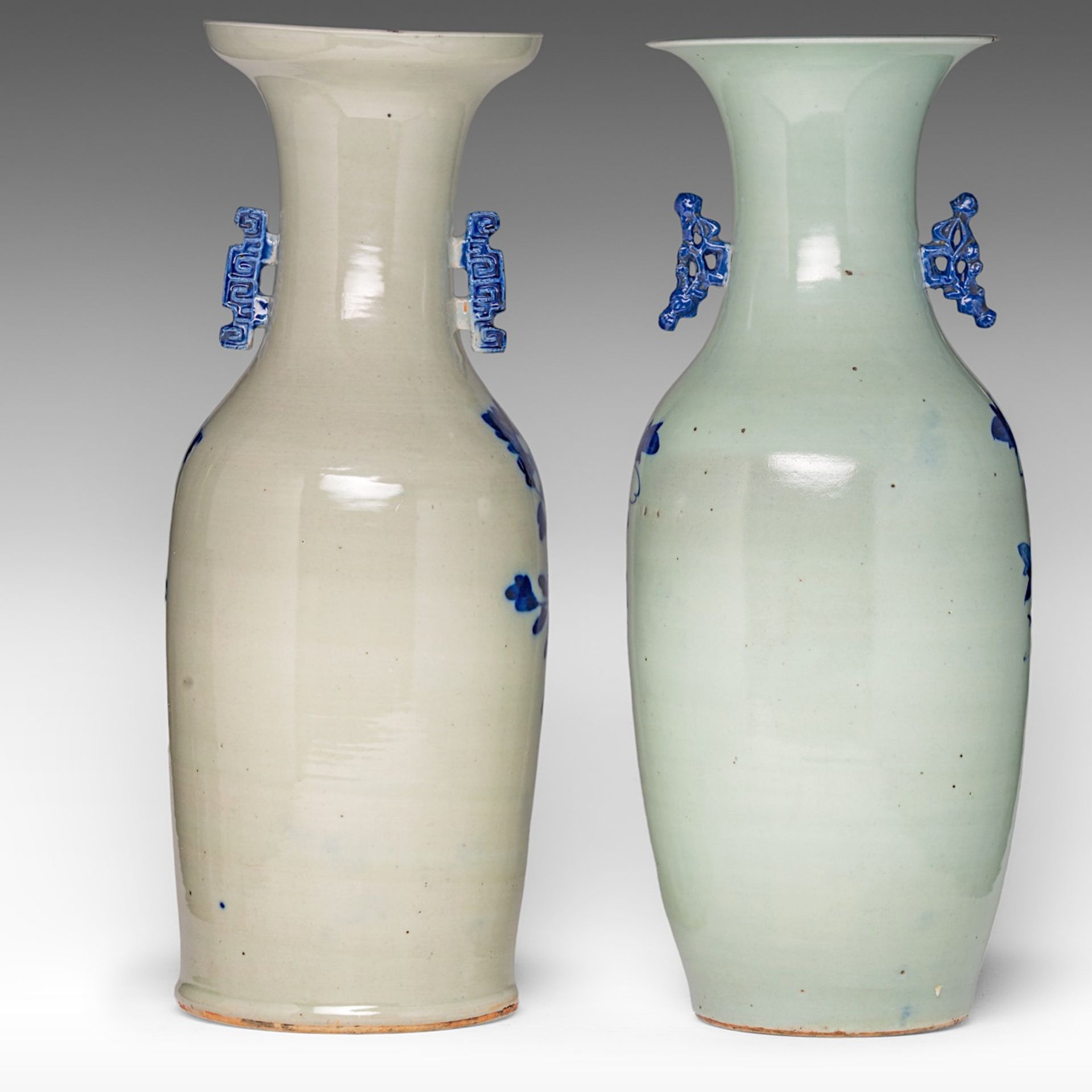 Four Chinese blue and white on celadon ground 'Flowers and birds' vases, late 19thC, H 57 - 58 cm - Image 8 of 13