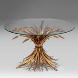 A Hollywood Regency Coco Chanel 'Sheaf of wheat' coffee table, gilt brass and glass top, H 46 - dia