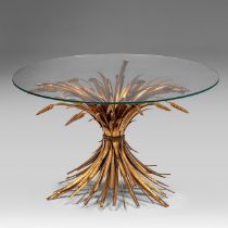 A Hollywood Regency Coco Chanel 'Sheaf of wheat' coffee table, gilt brass and glass top, H 46 - dia