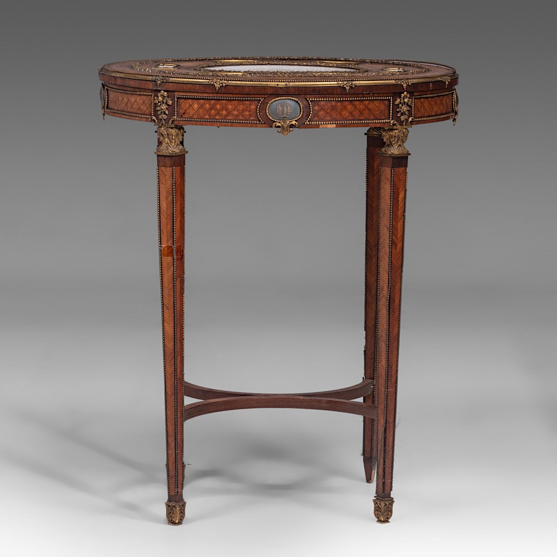 A fine Louis XVI style parquetry occasional table with Sevres porcelain plaques and gilt bronze moun - Bild 4 aus 7
