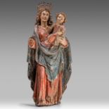 A polychrome wooden sculpture of the crowned Madonna holding Christ 17thC, H 95 cm
