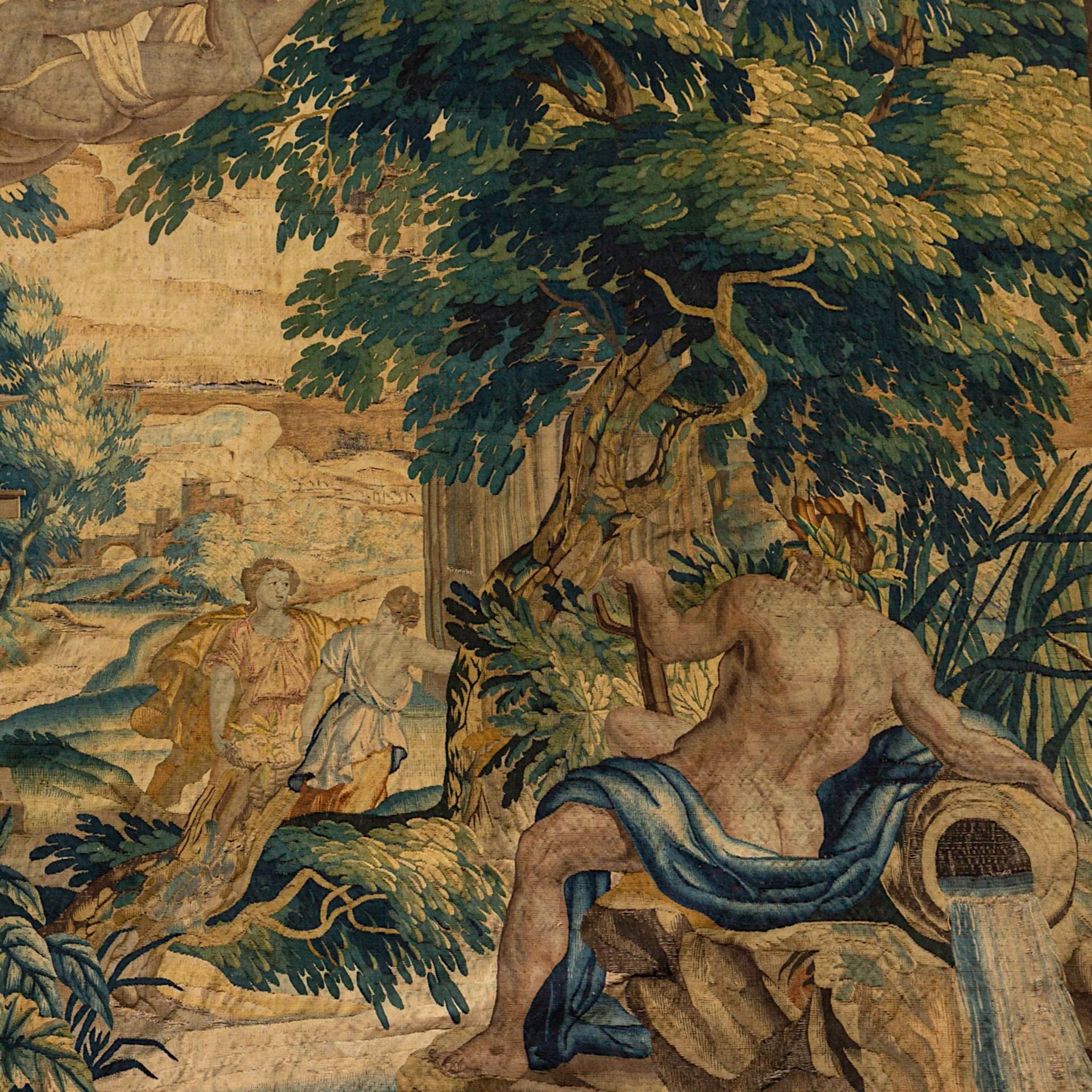 A 17th/18thC Flemish wall tapestry, 'The love of Mercury and Herse', H 239 - W 455 cm - Image 5 of 10