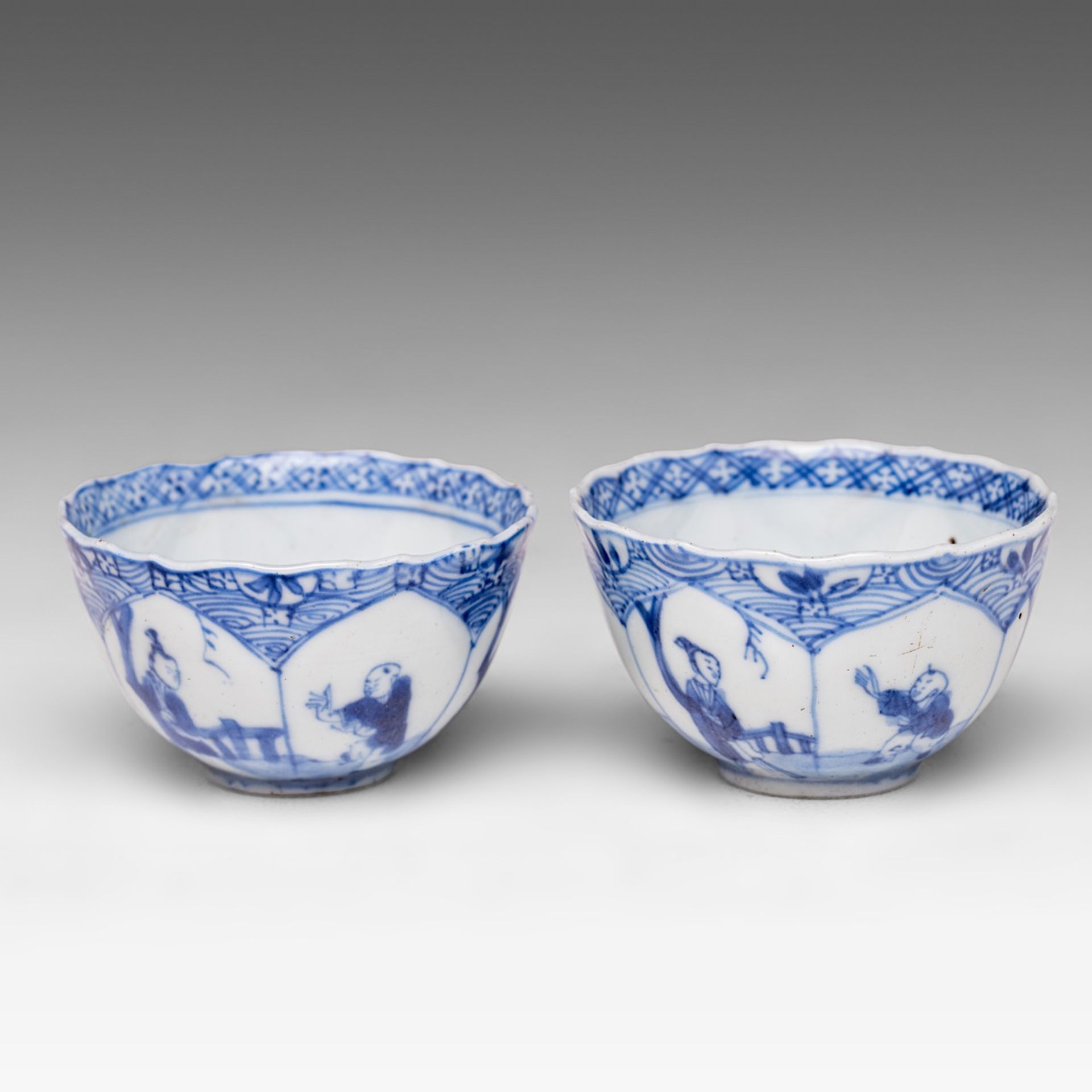 Two Chinese blue and white 'Long Elisa' tea cups, Kangxi period, H - dia cm - Image 4 of 6