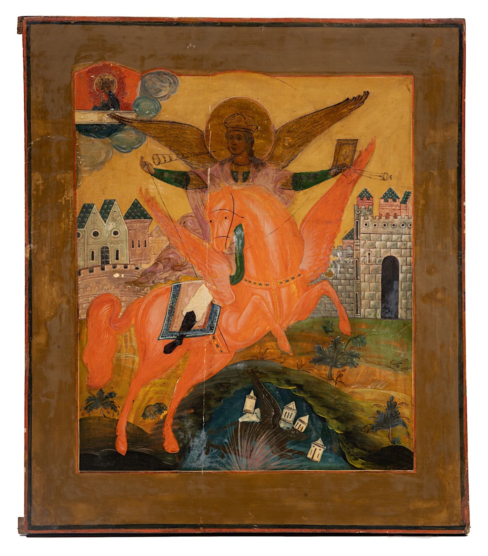 Russian Icon, Archangel Michael slaying the dragon, tempera on wood, 19thC, 53 x 46 cm