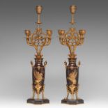 A pair of Empire style gilt and patinated bronze candelabras / lamps, H 66 cm