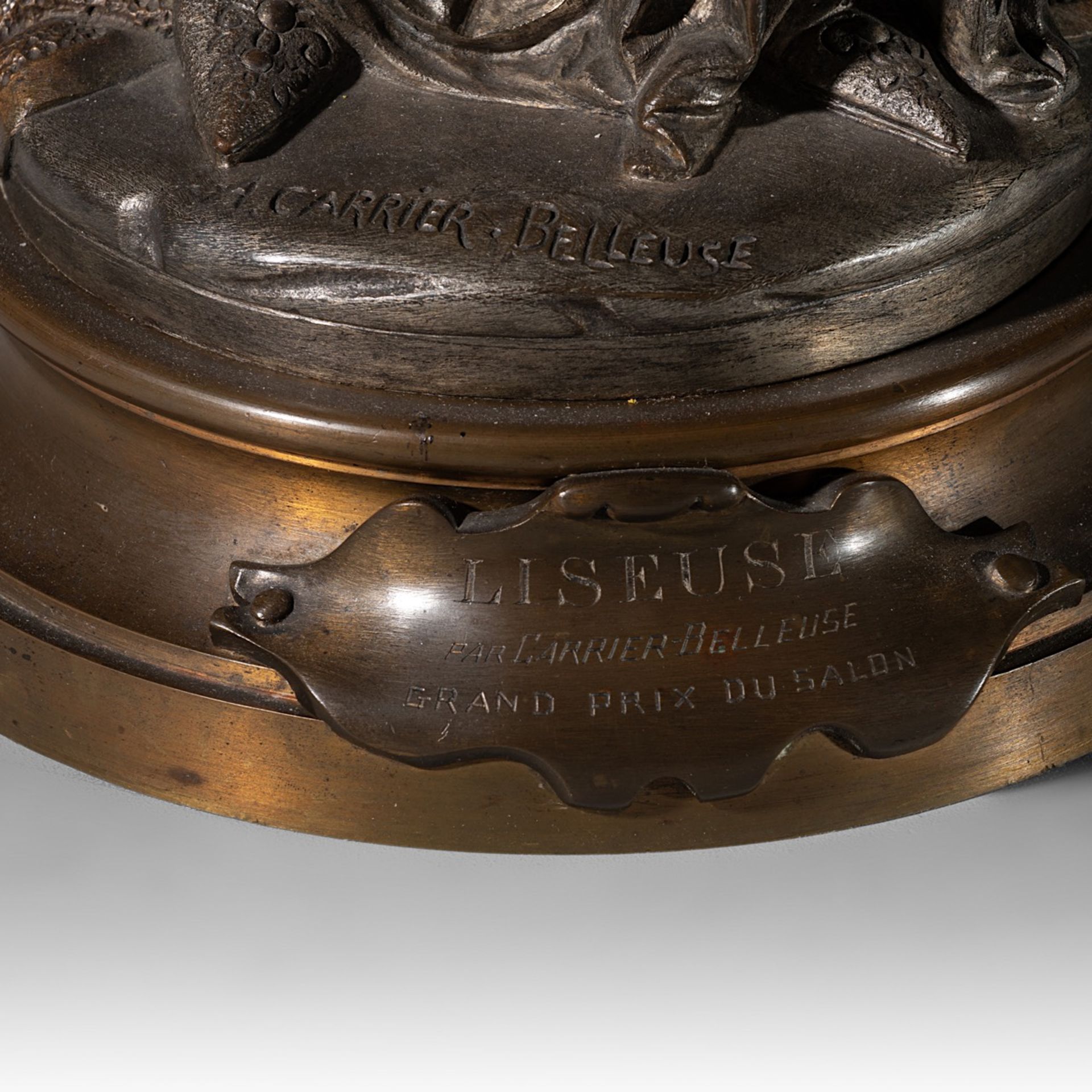 Carrier Belleuse Albert-Ernest (1824-1887), 'Liseuse', bronze and ivory, H 60 cm (+) - Image 9 of 9