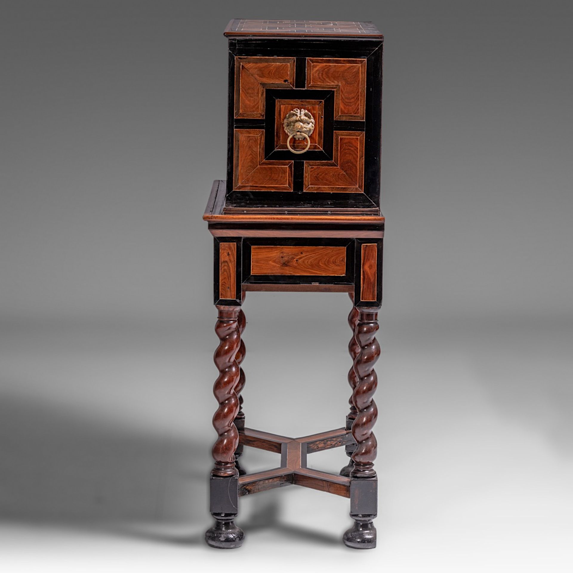 A cabinet-on-stand, ebony and rosewood veneered, the drawers decorated with ivory inlaid grotesques, - Image 3 of 7