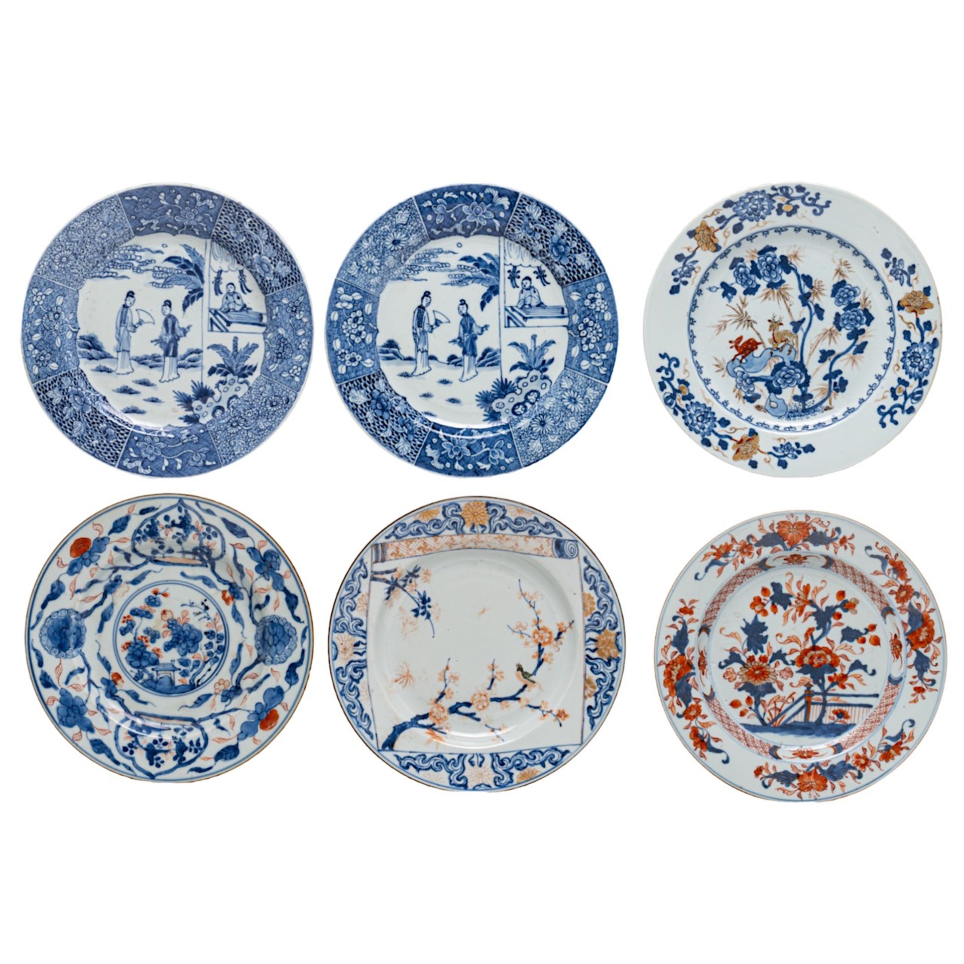 A collection of Chinese blue and white and Imari export porcelain dishes, Kangxi and Qianlong period