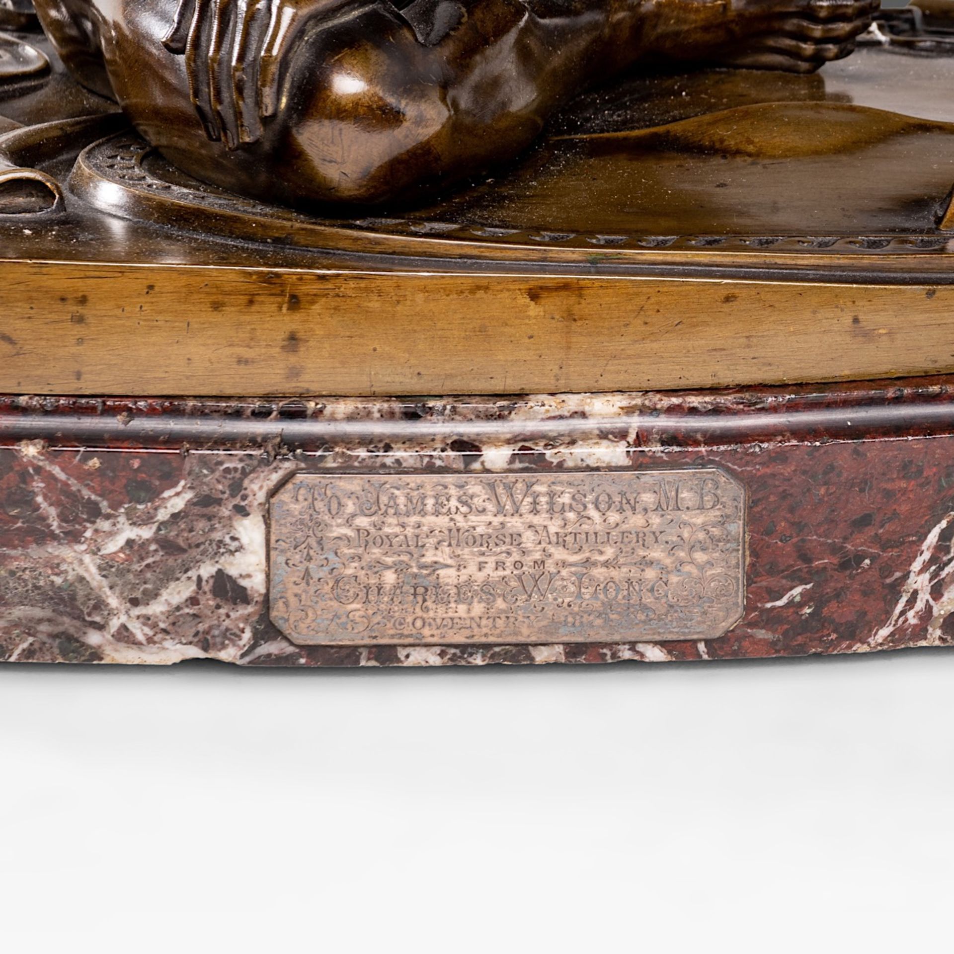 A brown patinated bronze sculpture of 'The Dying Gaul', 1871, presented on a marble base, H 22,5 - W - Image 9 of 11