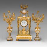 An imposing Napoleon III three-piece mantle clock, gilt bronze and Carrara marble, H 58 - 72 cm