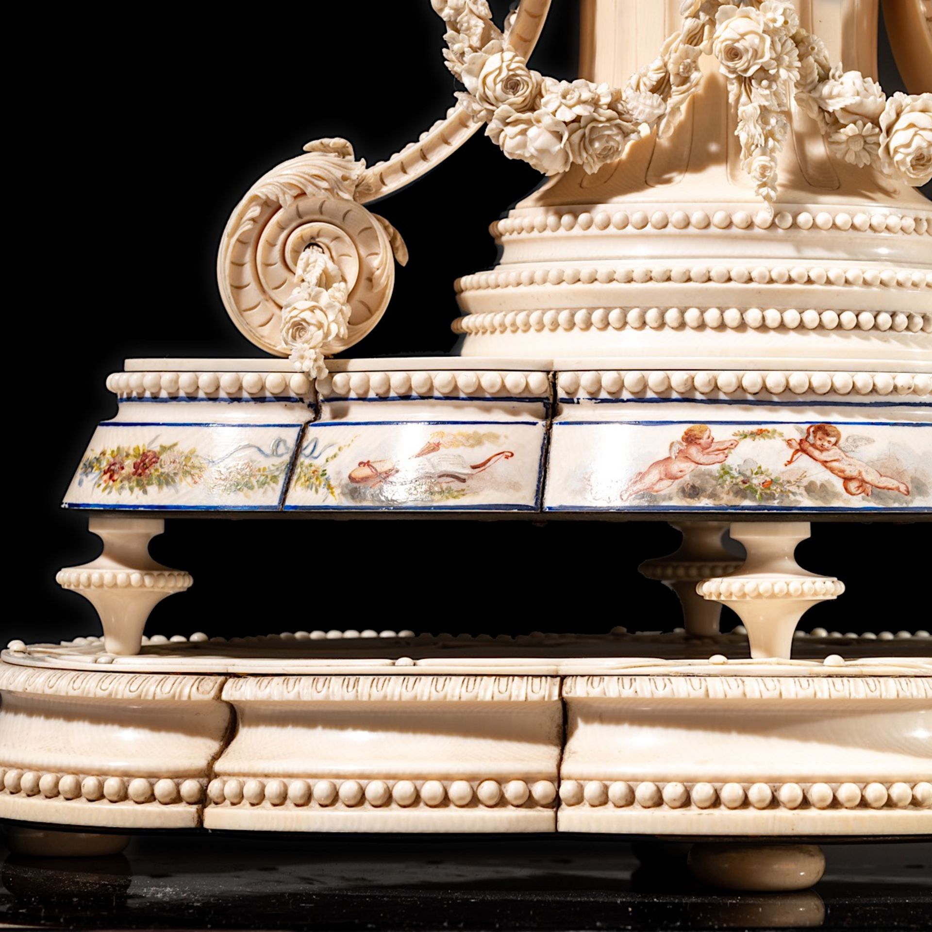 A delicately shaped and sculpted unique Nap. III period neoclassical ivory mantle clock, H 50 - W 37 - Image 11 of 14