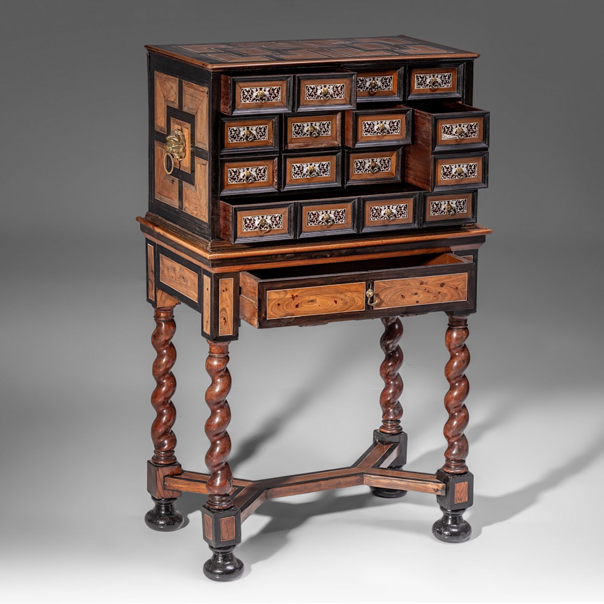 A cabinet-on-stand, ebony and rosewood veneered, the drawers decorated with ivory inlaid grotesques, - Image 6 of 7