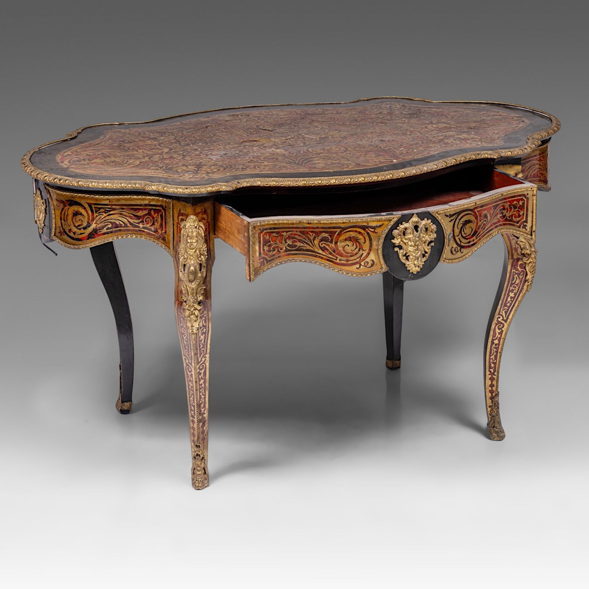 A Napoleon III Boulle work centre table with gilt bronze mounts, late 19thC, H 79 - W 146 - D 90 cm - Image 6 of 12