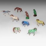 A small collection of Chinese famille verte enamelled biscuit miniature figures of horses and parrot