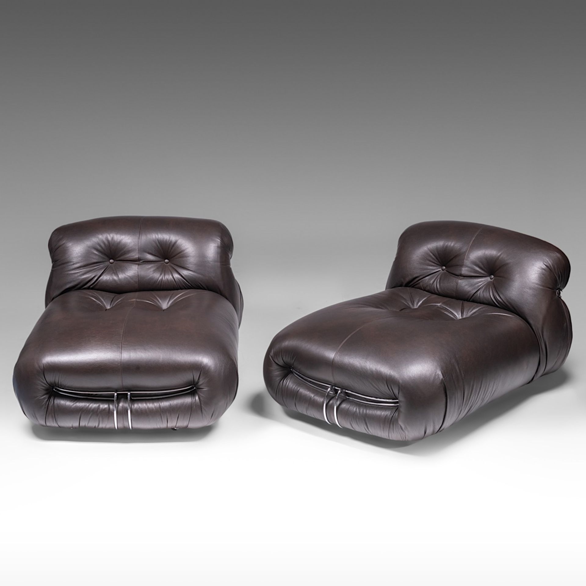 Two Soriana chaise-longues in brown leather and chrome by Afra & Tobia Scarpa for Cassina - Image 2 of 8