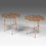 A decorative pair of polished brass floral side tables, top represents lily pad, Eichholtz, H 51 - W