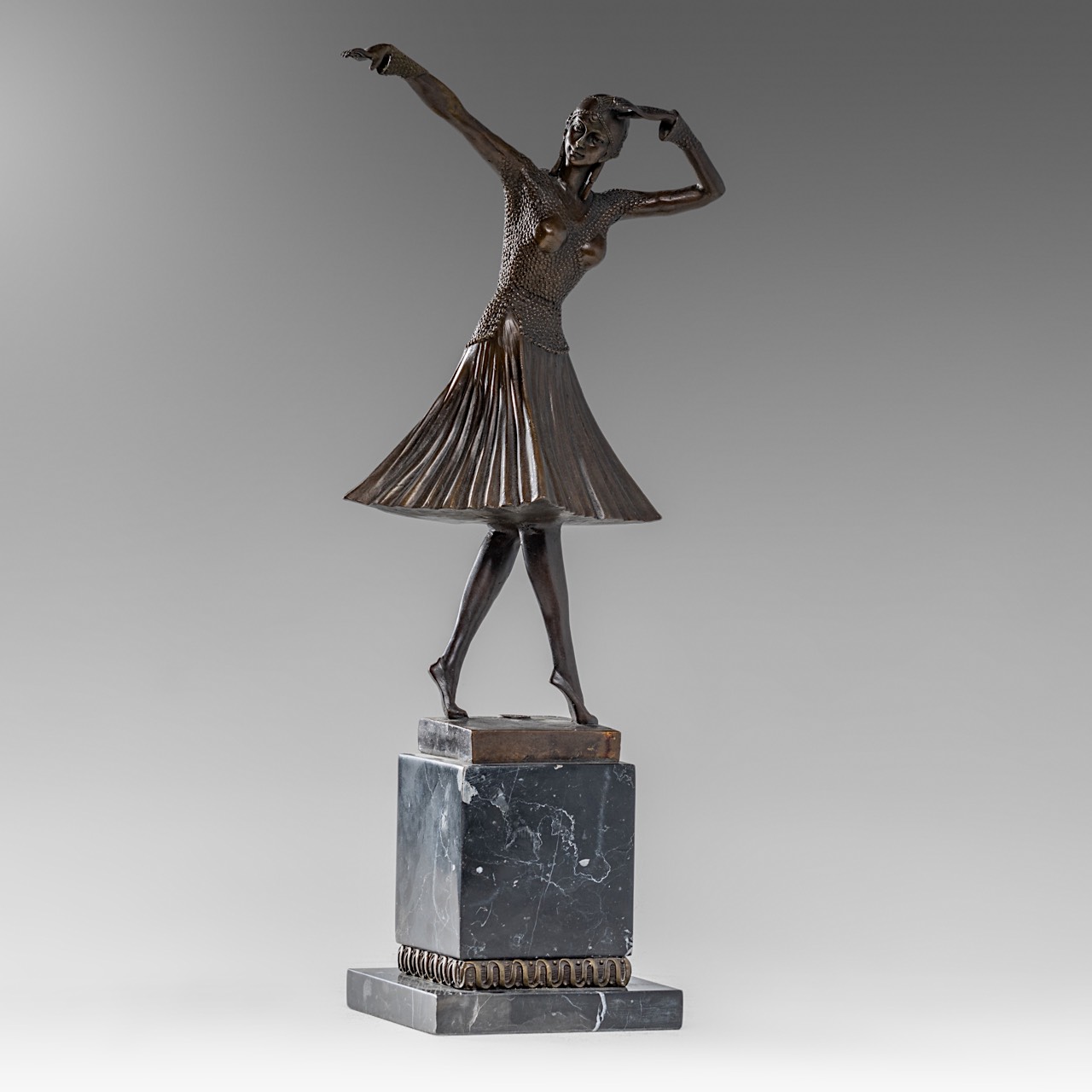 Dimitri Chiparus (1886-1947), Art Deco sculpture of a dancer, patinated bronze on a black marble, H - Image 2 of 6