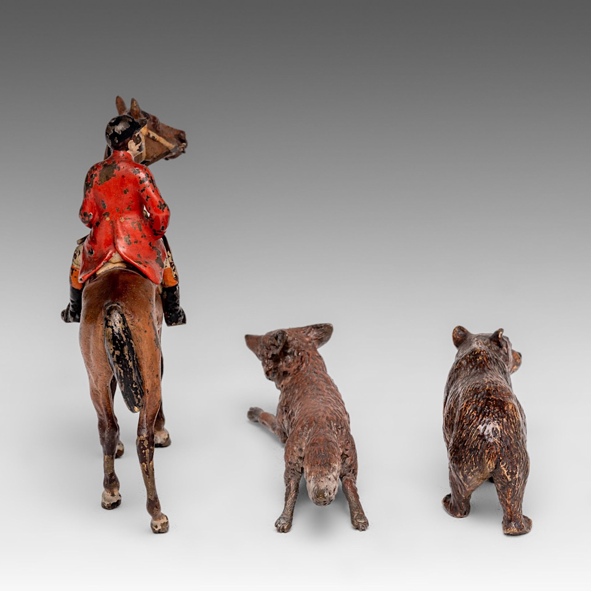A collection of three Vienna cold-painted figures of a fox, a bear and a jockey, H 3,5 - 10,5 - W 8 - Image 5 of 5