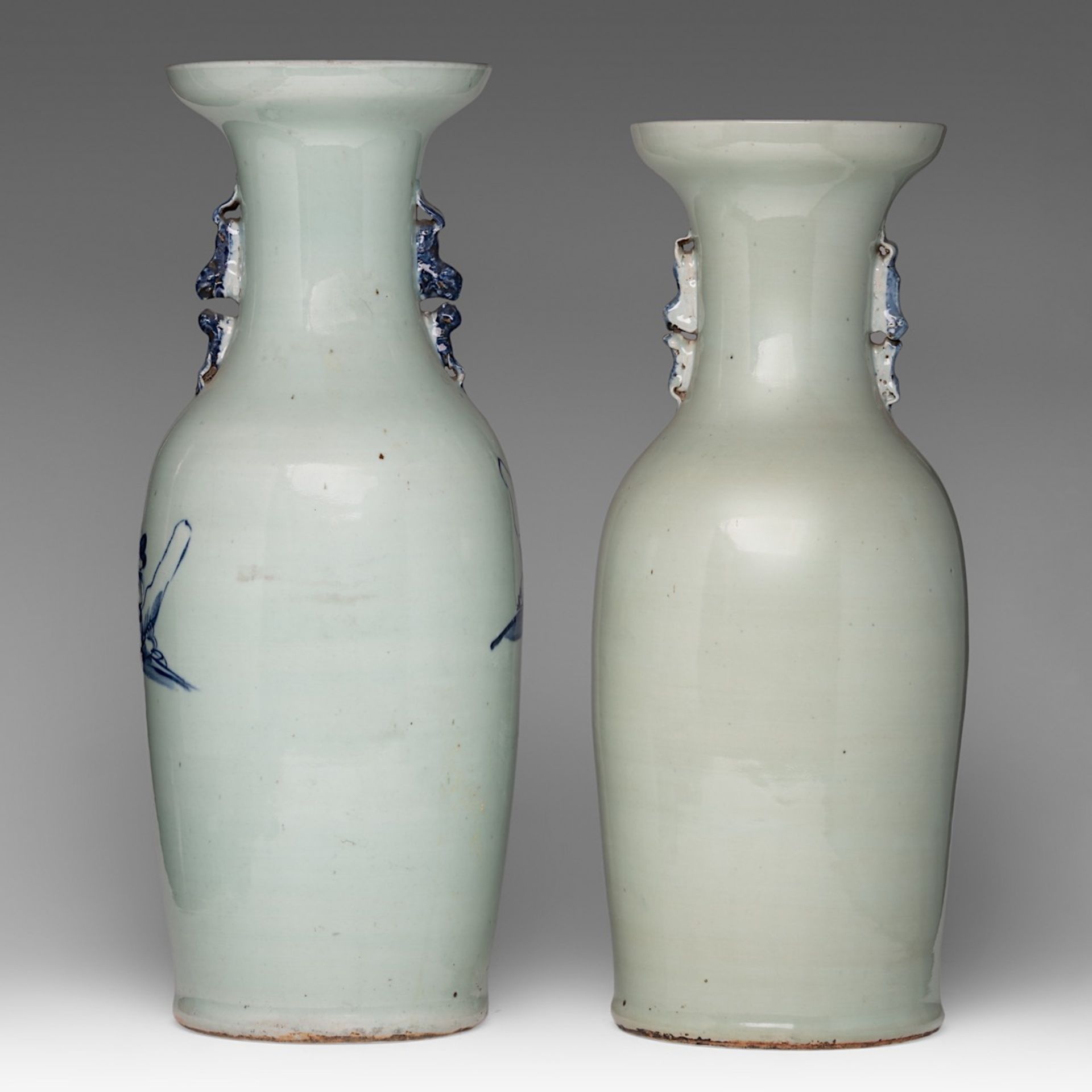 Four Chinese blue and white on celadon ground vases, including one decorated with figures, 19thC, H - Image 4 of 13