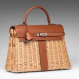 PREMIUM LOT - HERMES, Kelly Picnic 35 Bag, Fauve Barenia Leather and Wicker, with silver metal hardw