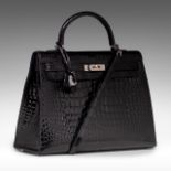 PREMIUM LOT - HERMES, Kelly Sellier 35 bag, Black Porosus Crocodile, with silver metal hardware