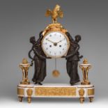 A rare Louis XVI gilt and patinated bronze mantle clock on a Carrara marble base depicting the Vesta