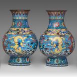 A pair of impressive Chinese Ming-style cloisonne enamelled 'Dragon' hu vases, Republic period, H 60