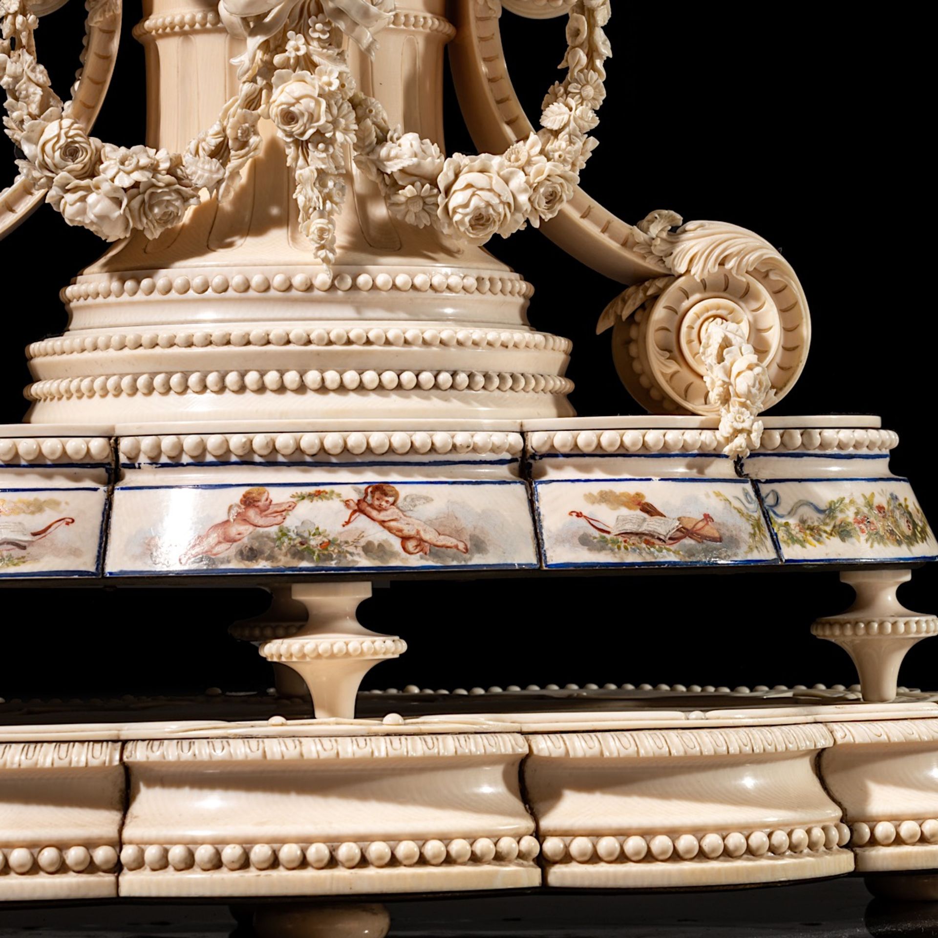 A delicately shaped and sculpted unique Nap. III period neoclassical ivory mantle clock, H 50 - W 37 - Image 12 of 14