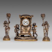 A fine Rococo style gilt and silver-plated three piece mantle clock set of putti carrying a litter b