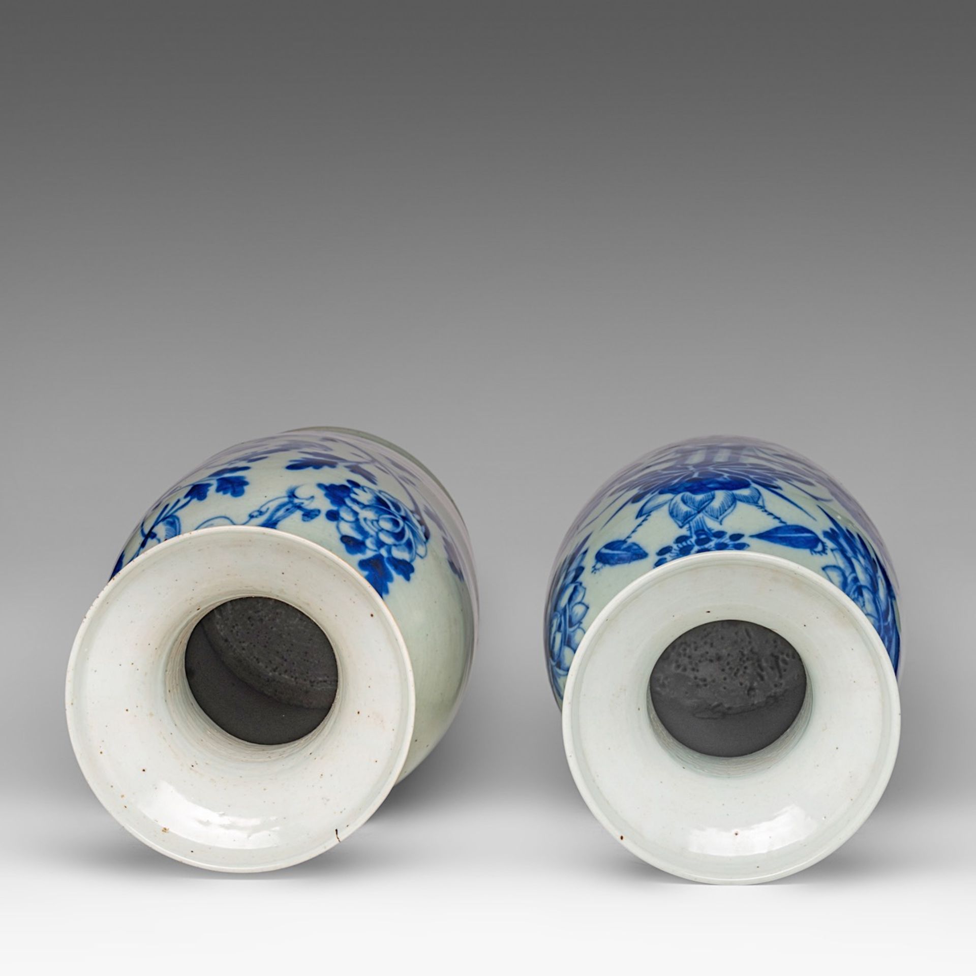 Four Chinese blue and white on celadon ground 'Flowers and birds' vases, late 19thC, H 57 - 58 cm - Image 12 of 13